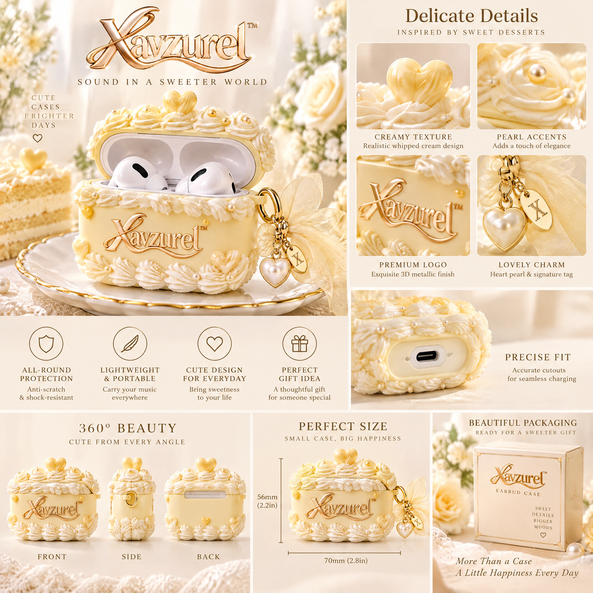 Xavzurel™ Buttercream Rose Earbud Case with Pearl Details — product details