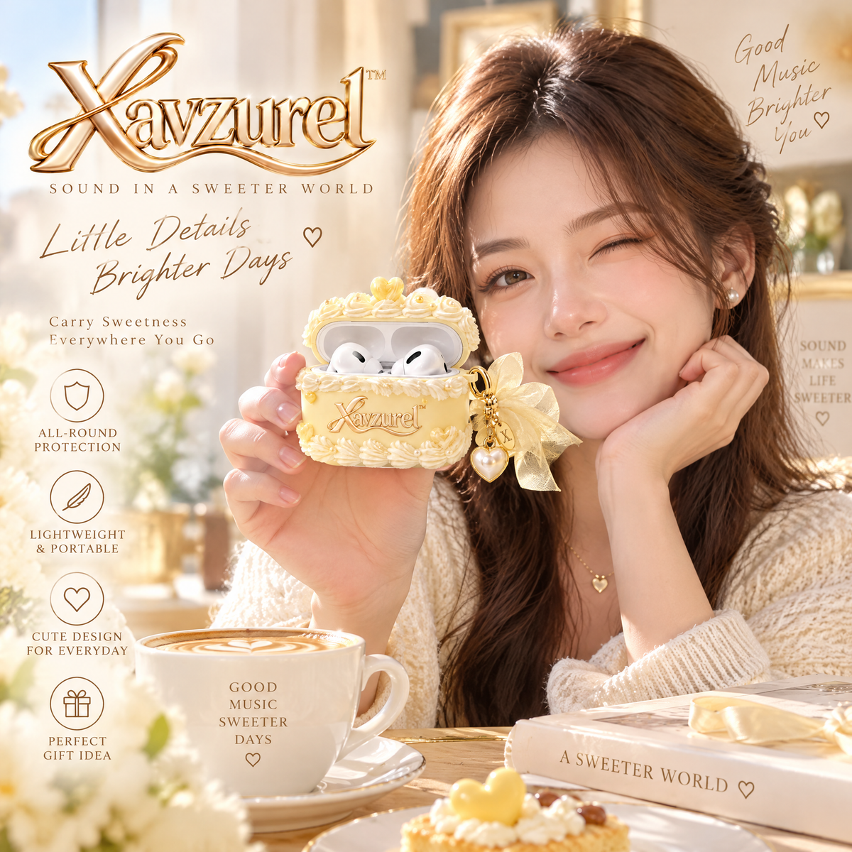 Xavzurel™ Buttercream Rose Earbud Case with Pearl Details — everyday styling